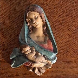 Hand-Painted Madonna and Child Wall Relief - Teal and Cream Finish